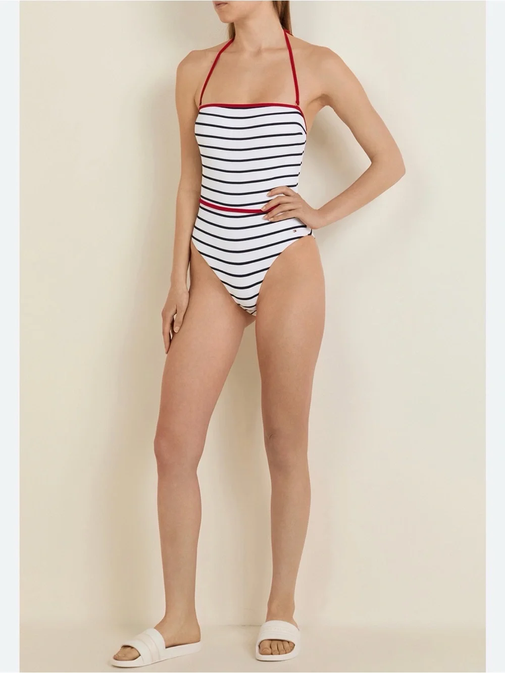 Tommy Hilfiger White and Navy Striped One-Piece Swimsuit with Red Trim/ Belt
